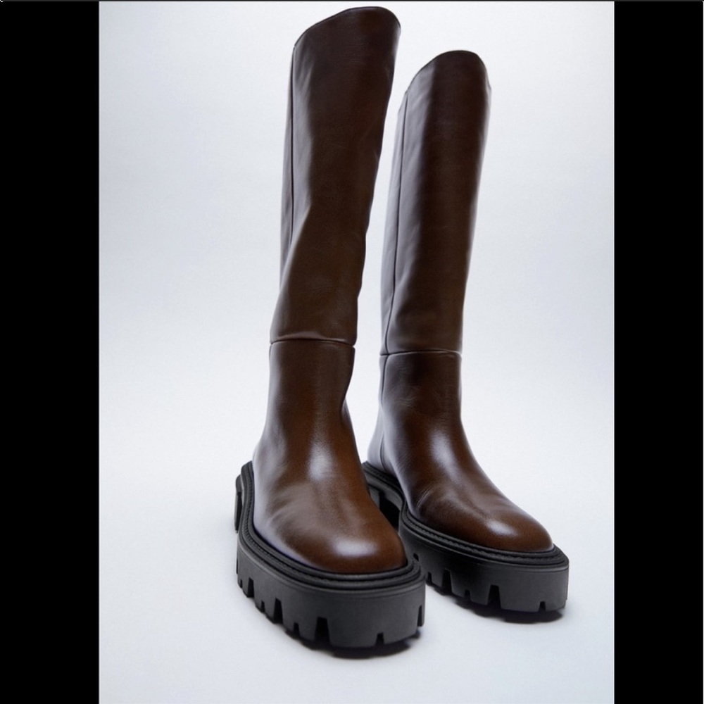 Zara Brown Low Heeled Leather Tall Boots